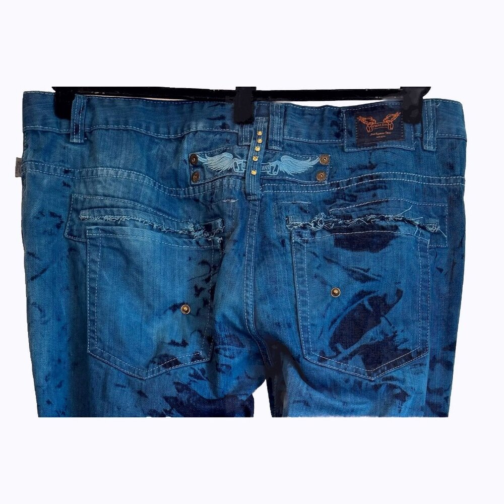 Robins Jean Men’s Blue Tie-Dye Straight Leg Jeans 42 Wings Logo Edgy Urban Rock